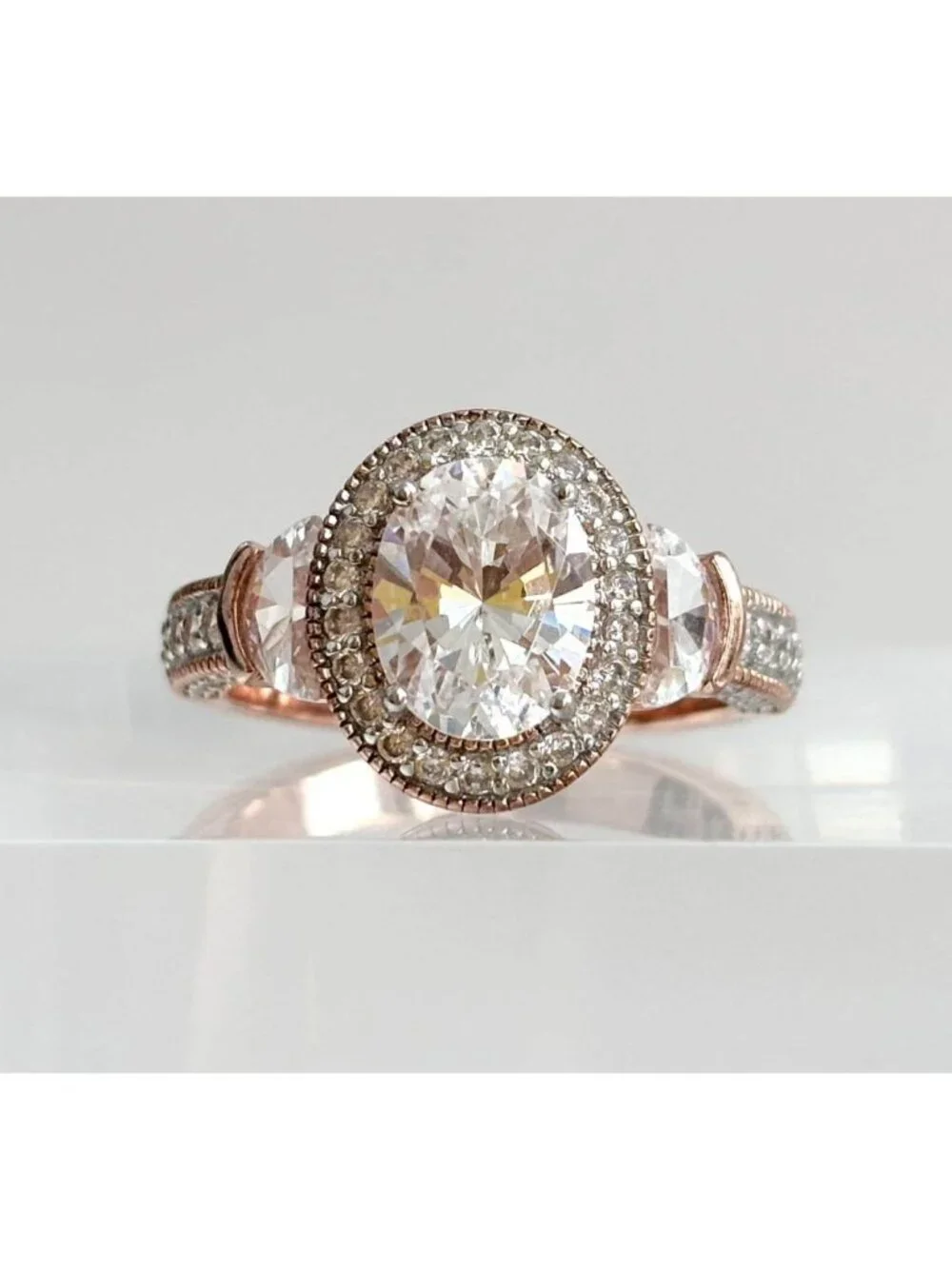 Rose Gold Overlay Oval CZ Halo Sterling Silver 925 Vintage Ring - sz 7